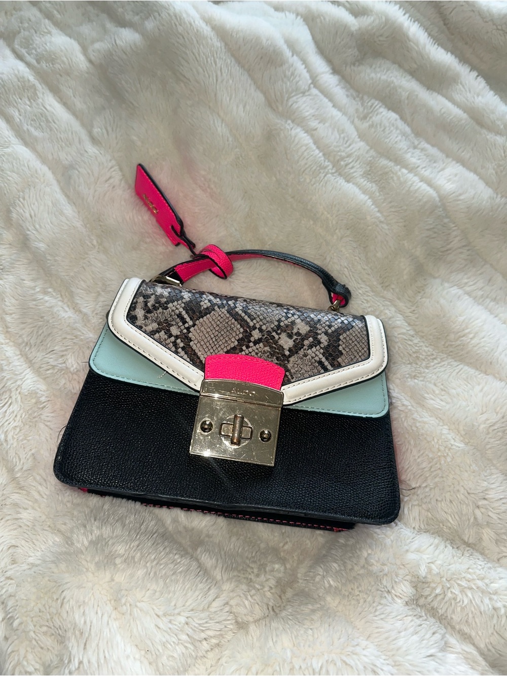 Designer-Inspired Multi-Texture Top Handle Bag in Black, Snake Print & Pink